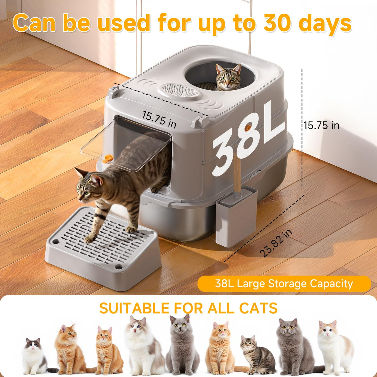 Stainless Steel Cat Litter Box with Lid, XL Extra Large Metal Litter Box for Big Cats, 180° Flip Cover Enclosed Top Entry Litter Boxs with High Sided Enclosure & Scoop, Non-Sticky, Anti-Leakage PIRAIL