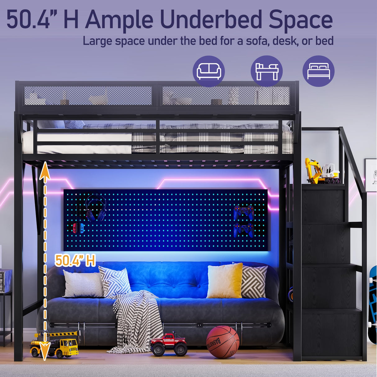 Bellemave Queen Loft Bed Frame with Storage Stairs, Beside Shelf & Wardrobe, Metal Queen Size Loft Bed with USB Ports & LED Light, Large Under-Bed Space Loft Beds for Adults, Teens, Kids, Black Bellemave