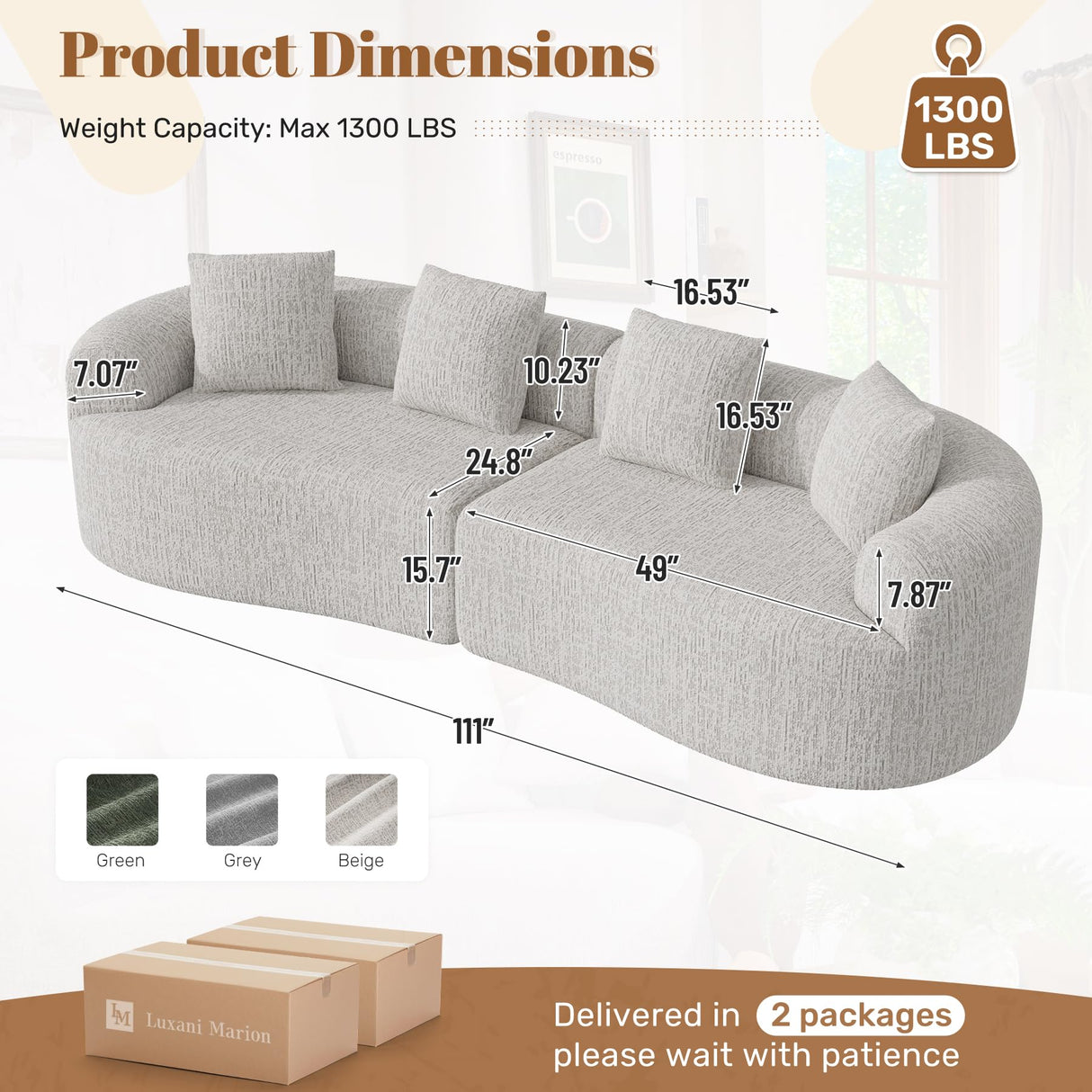 110" Modular Sectional Sofa for Living Room,4 Seater Cloud Couch with 4 Pillows - Boneless Curved Sofa Couch, No Assembly Required,1 Beige Luxanimarion