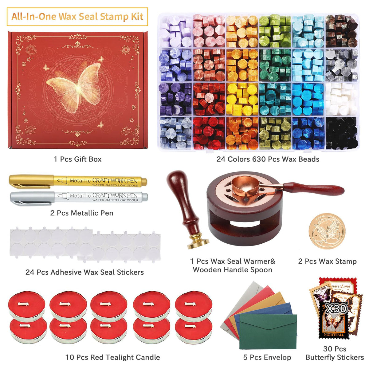 Comealltime 630Pcs Colorful Seasons Theme Wax Seal Kit with 24 Colors Wax Seal Beads, 10 Tea Light Candles and Gift Box (Butterfly) Comealltime