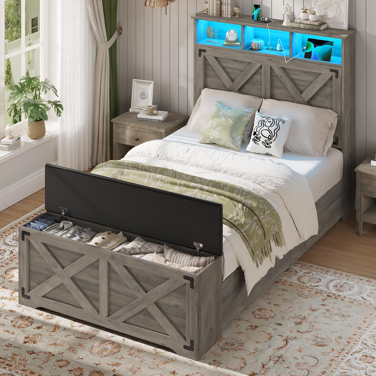 Hasuit Farmhouse Bed Frame Twin Size with Storage Headboard, Charging Station and LED Light, Wooden Twin Bed Frame with Storage Ottoman, Barn Door Design, No Box Spring Needed, No Noise (Oak Grey) Hasuit