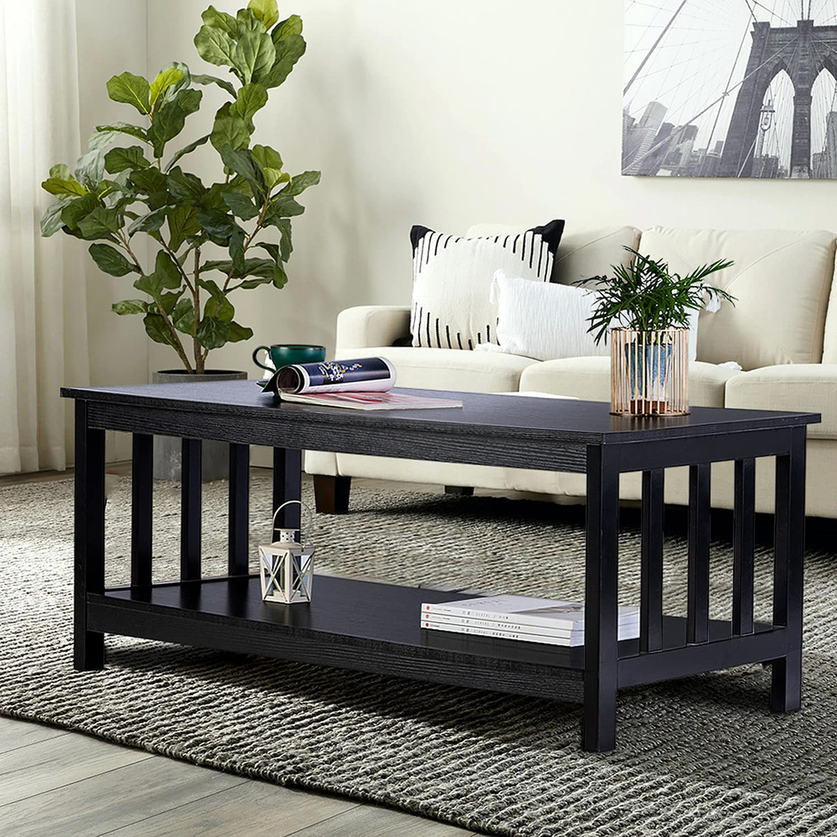 ChooChoo Mission Coffee Table, Black Wood Living Room Table with Shelf, 40 Black ChooChoo
