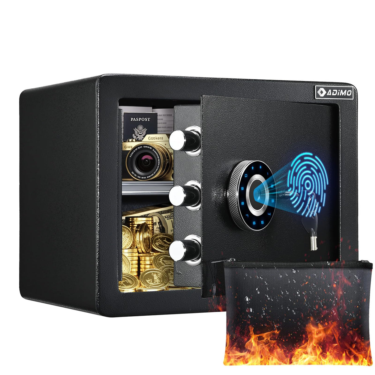 ADIMO Biometric Safe Box, 1.2 CuFt Home Safe with Biometric Fingerprint & Touchscreen, Fireproof Safe Box w/Removable Shelf & Alarm System, Money Safe for Documents& Valuables Home Office Hotel ADIMO