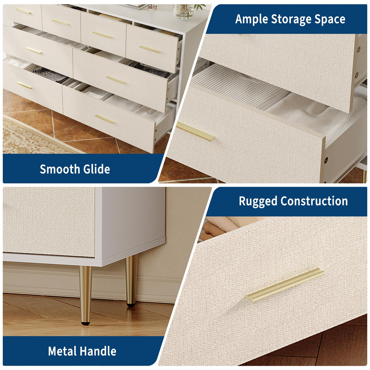 Elegant 3-Drawer White Dresser with Gold Handles and Legs, Wooden Nightstand with Linen-Textured Surface, Modern White Chest of Drawers, Narrow Accent Cabinet End Table for Living Room, Bedroom IDEALHOUSE