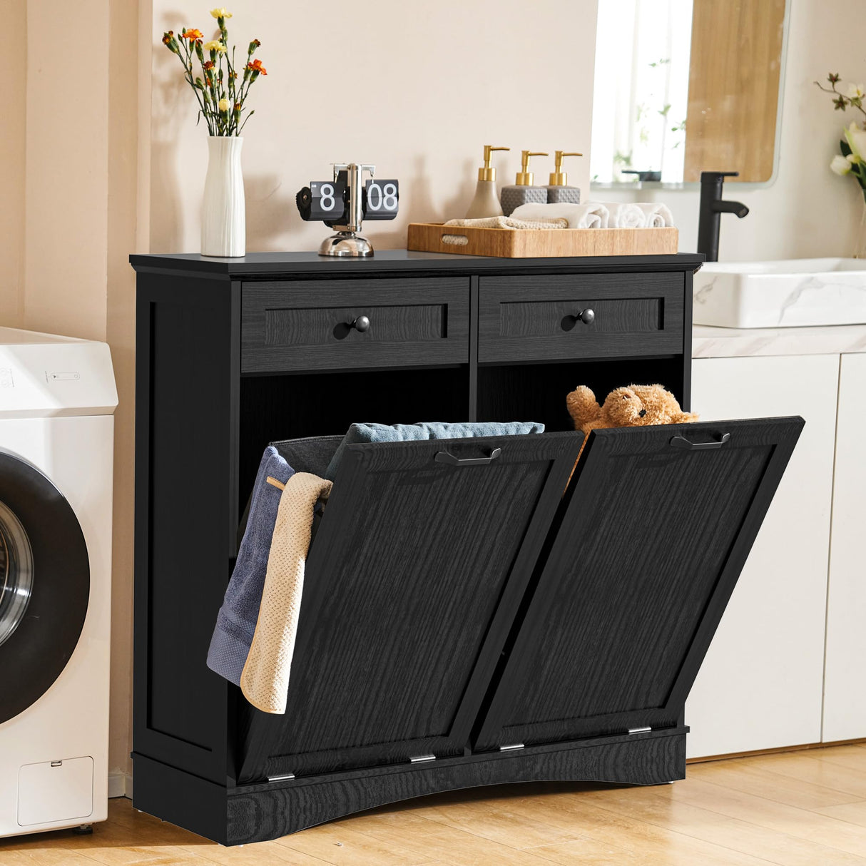 OUTGUAVA Double Tilt Out Trash Cabinet Kitchen Trash Bin Cabinet Recycling Trash Cabinet with Hideaway Drawers, 2x13 Gallons Pet Proof Trash Can Cabinet for Kitchen Living Room, Dark Black OUTGUAVA