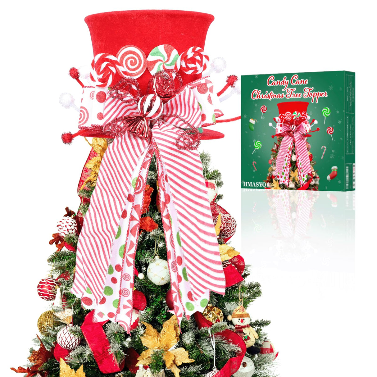 HMASYO Candy Cane Christmas Tree Topper - Large Red Tree Topper Hat with Candy Peppermint Bows Ribbon Ornament, Top Hat Christmas Tree Topper for Home Office Holiday Tree Decoration Xmas Gift HMASYO