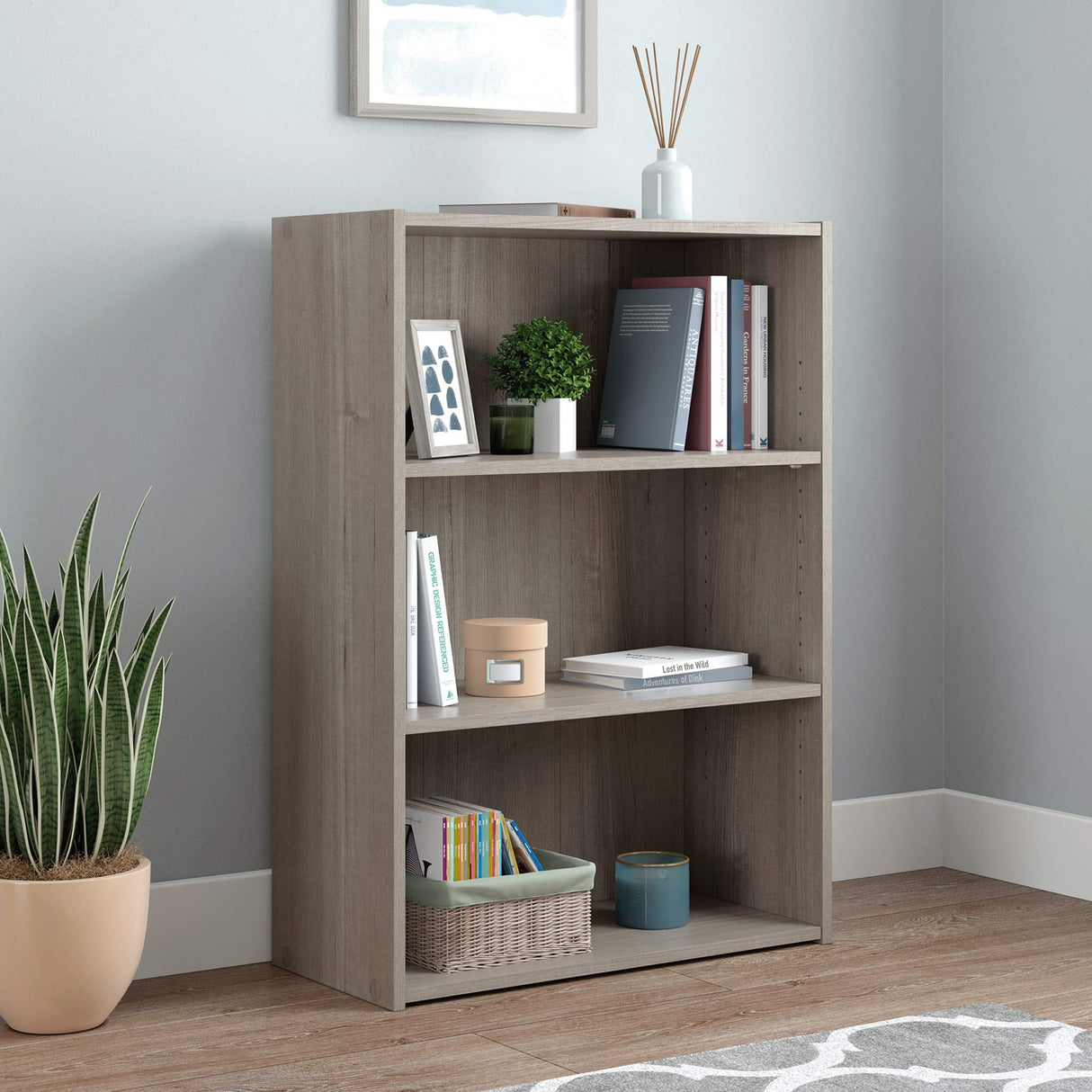 Sauder Beginnings 3-Shelf Bookcase in Silver Sycamore Finish Sauder