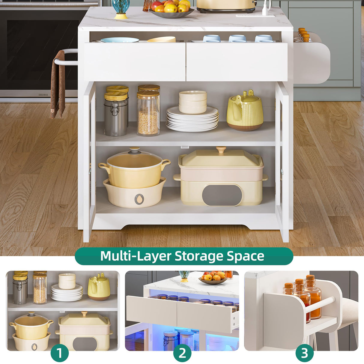 YITAHOME Rolling Kitchen Island with Seating and LED Lights, Mobile Storage Islands with Drop Leaf, Dining Table with Power Outlet, 2 Drawers and Soft Stools, Spice/Towel Rack, Marble Finish, White YITAHOME