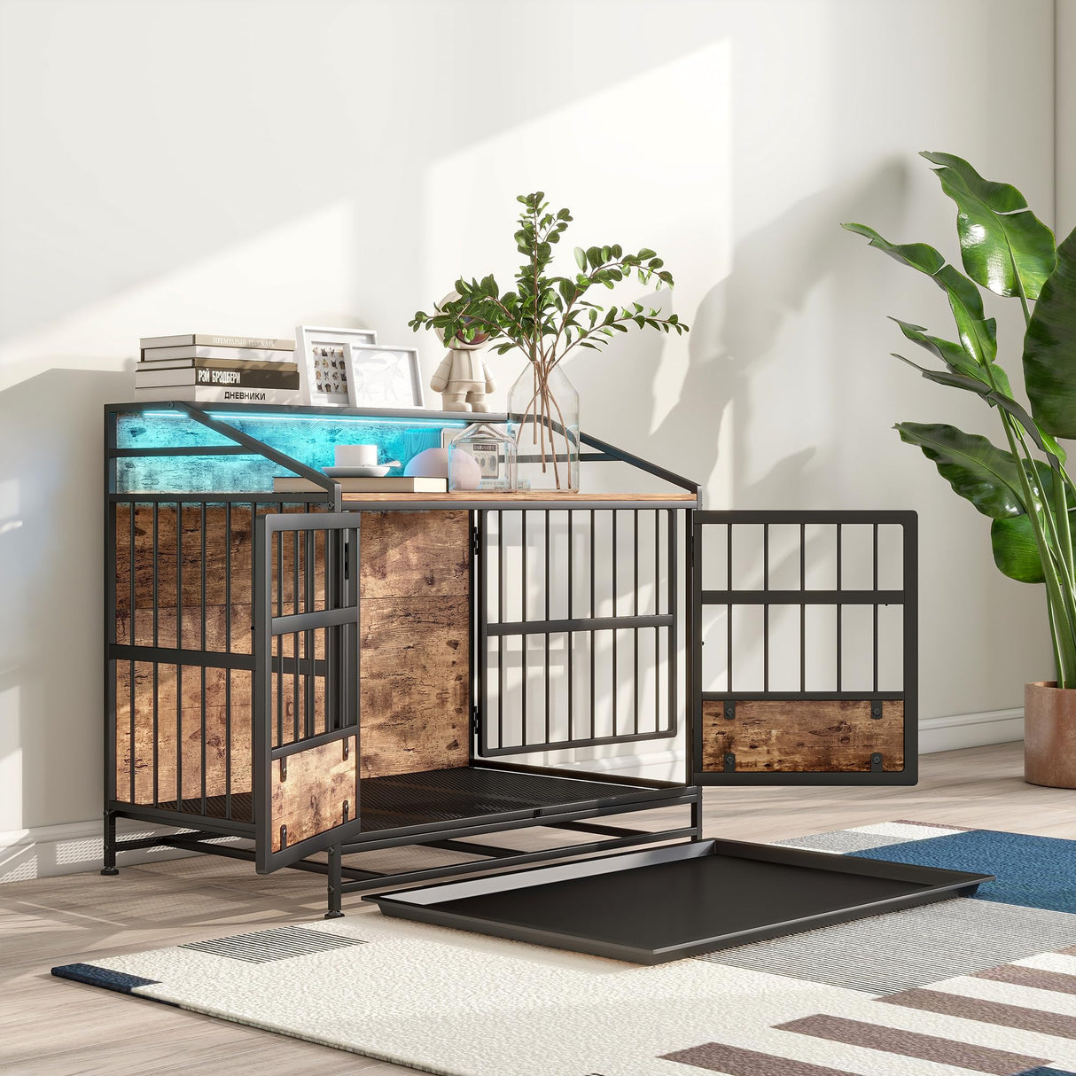 Maliacife Dog Crate Furniture with Led Lights,Heavy Duty Wooden Dog Kennel with Double Doors,Dog House Indoor for Small Medium Dogs,End Table with Shelves,Black and Brown(34.65" L×24.02W×31.5" H) Maliacife