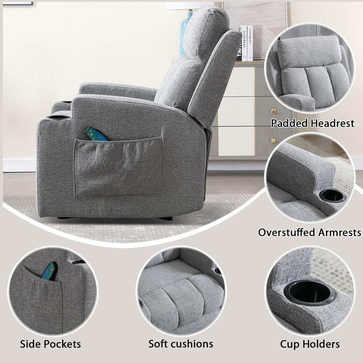 CANMOV Manual Massage Heat Recliner Chair Set of 2,Soft Fabric Recliner Chair with Overstuffed Arm and Back, Manual Reclining Single Sofa with 2 Cup Holders, Side Pocket for Living Room,Grey CANMOV