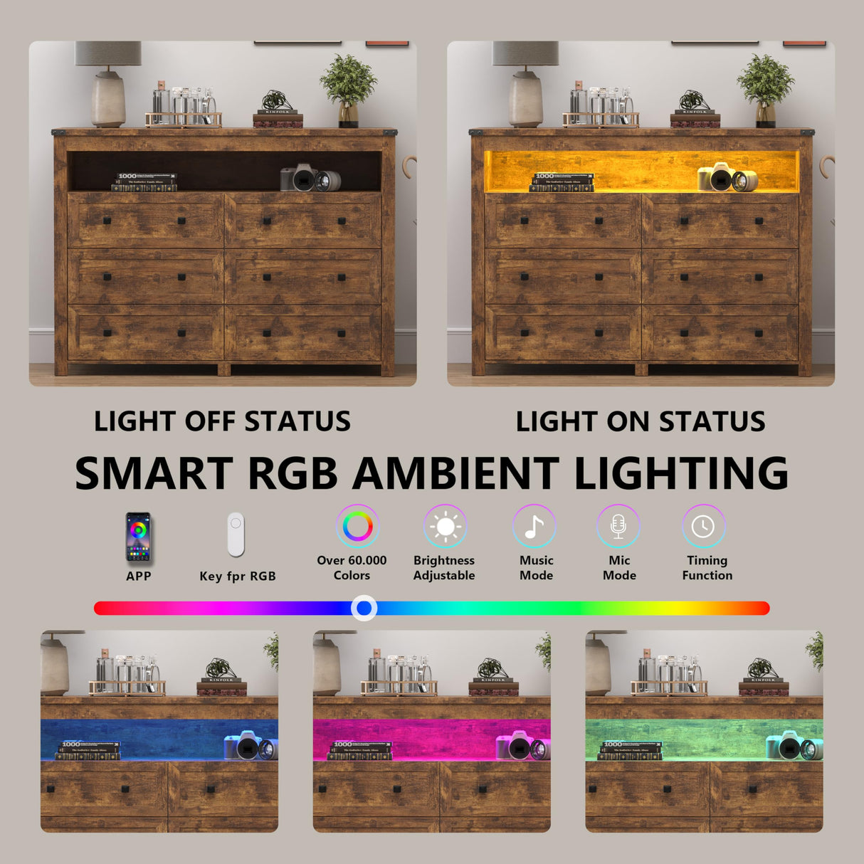 Dresser for Bedroom with 6 Drawers, Wide Chest of Drawers with LED Light and Power Outlet, Wooden Closet Organizer Clothes Storage Cabinet, Modern Double Dressers for Living Room, Hallway, Brown Xixini