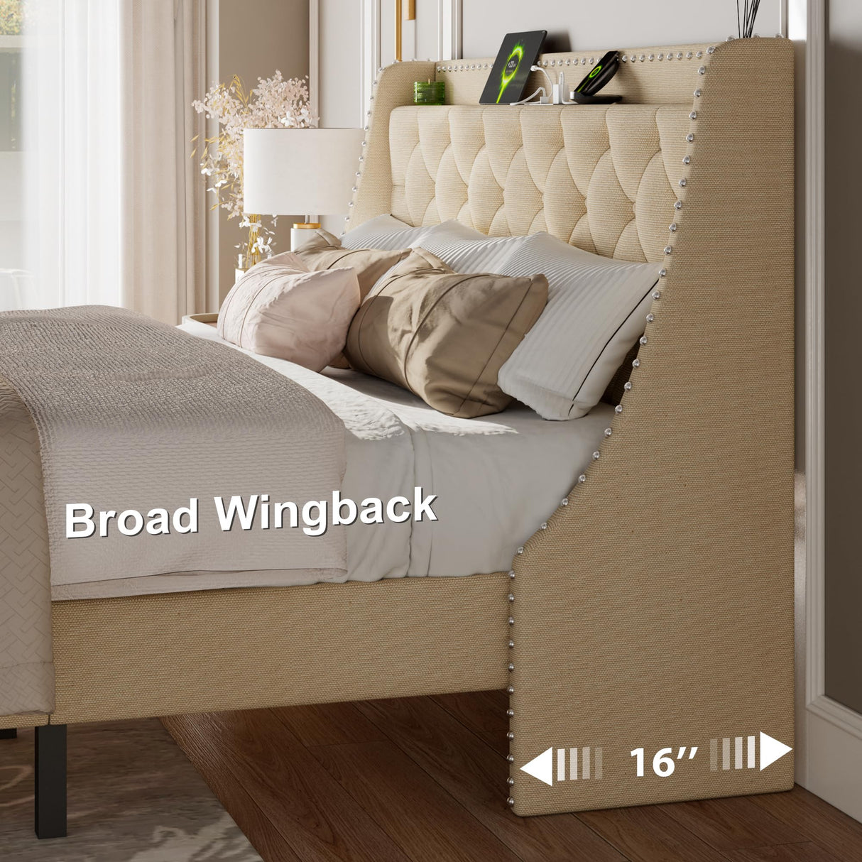 Feonase King Size Bed Frame with Luxury Wingback and Fast Charging Station,King Upholstered Button Tufted Storage Headboard Platform Bed,Sturdy Wooden Slats Support,Noise-Free, Easy Assembly,Beige Feonase