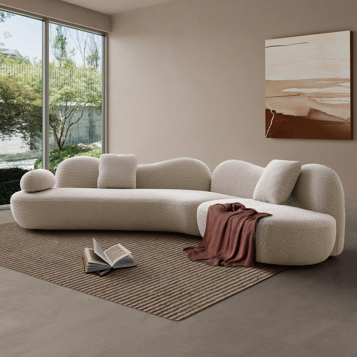 128" Luxury Curved Sectional Sofa with Ottoman, 6-Seater Boucle Couch Cloud Like Modular Sofa, Curved Sofas for Living Room, Luxury Couches with Butterfly Backrest Pillows (Beige) mr.waiba