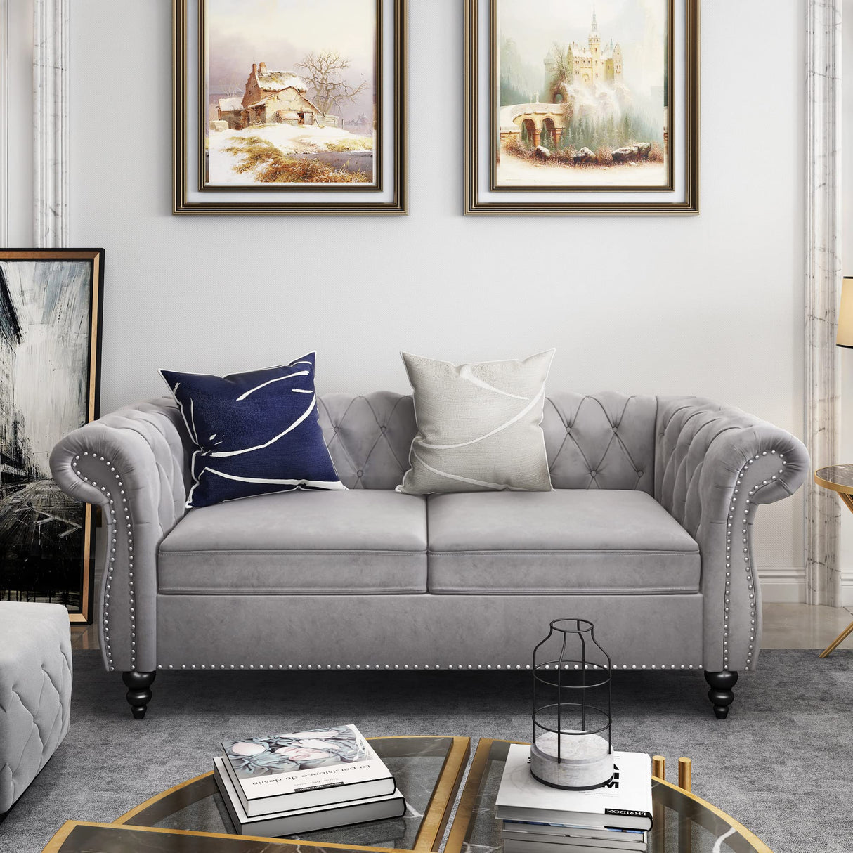 3 Piece Living Room Set, Velvet Chesterfield Sofa Loveseat Couch Chair with Scroll Arms and Nailhead for Living Room, Office (Grey) ORRD