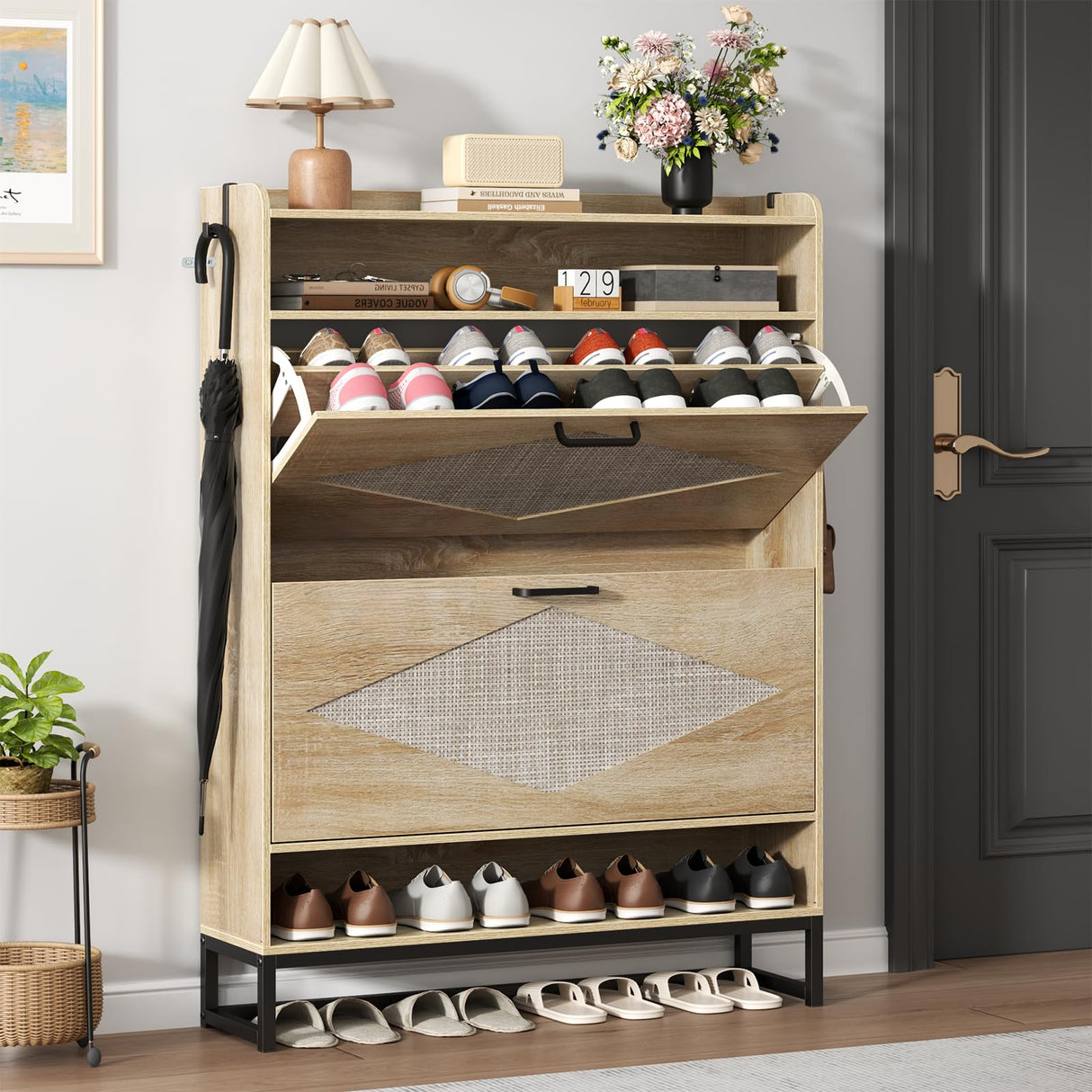 Gyfimoie Shoe Cabinet with 2 Flip Drawers, Free Standing Shoe Storage Organizer Cabinet with Rattan Doors for Entryway, Narrow Shoe Rack Cabinet (Natural) Gyfimoie