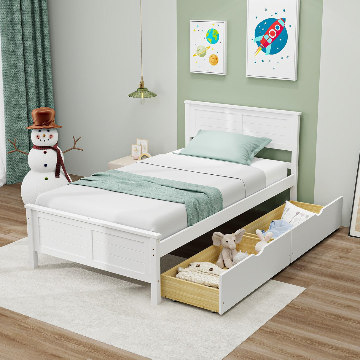 Giantex Wood Twin Bed with 2 Storage Drawers, Solid Wood Platform Bed with Headboard, Wooden Slats Support Mattress Foundation, No Spring Needed, Twin Bed Frame for Kids, Teens, Adults, White Giantex