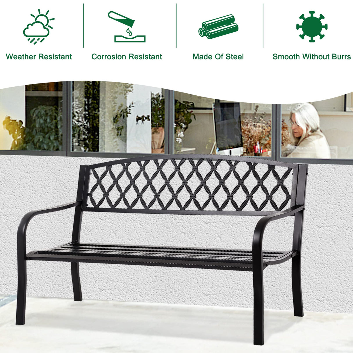 50-Inch Garden Bench,Park Outdoor Bench Metal Bench Clearance Yard Porch Chair with Steel Frame Outdoor Furniture for Backyard Entryway Deck Lawn, Black FDW