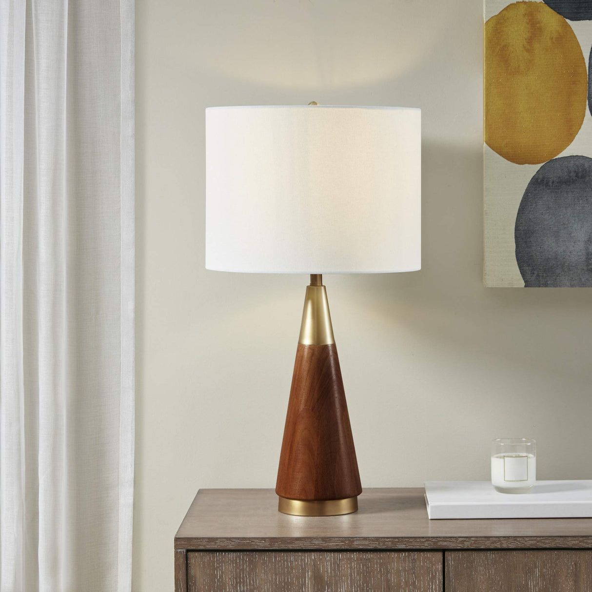 INK+IVY Chrislie Gold White Mid Century Modern Table Lamp , Contemporary Metal Wood Table Lamps for Bedrooms , 13.5"W X 13.5"D X 26"H , Gold / Brown INK+IVY