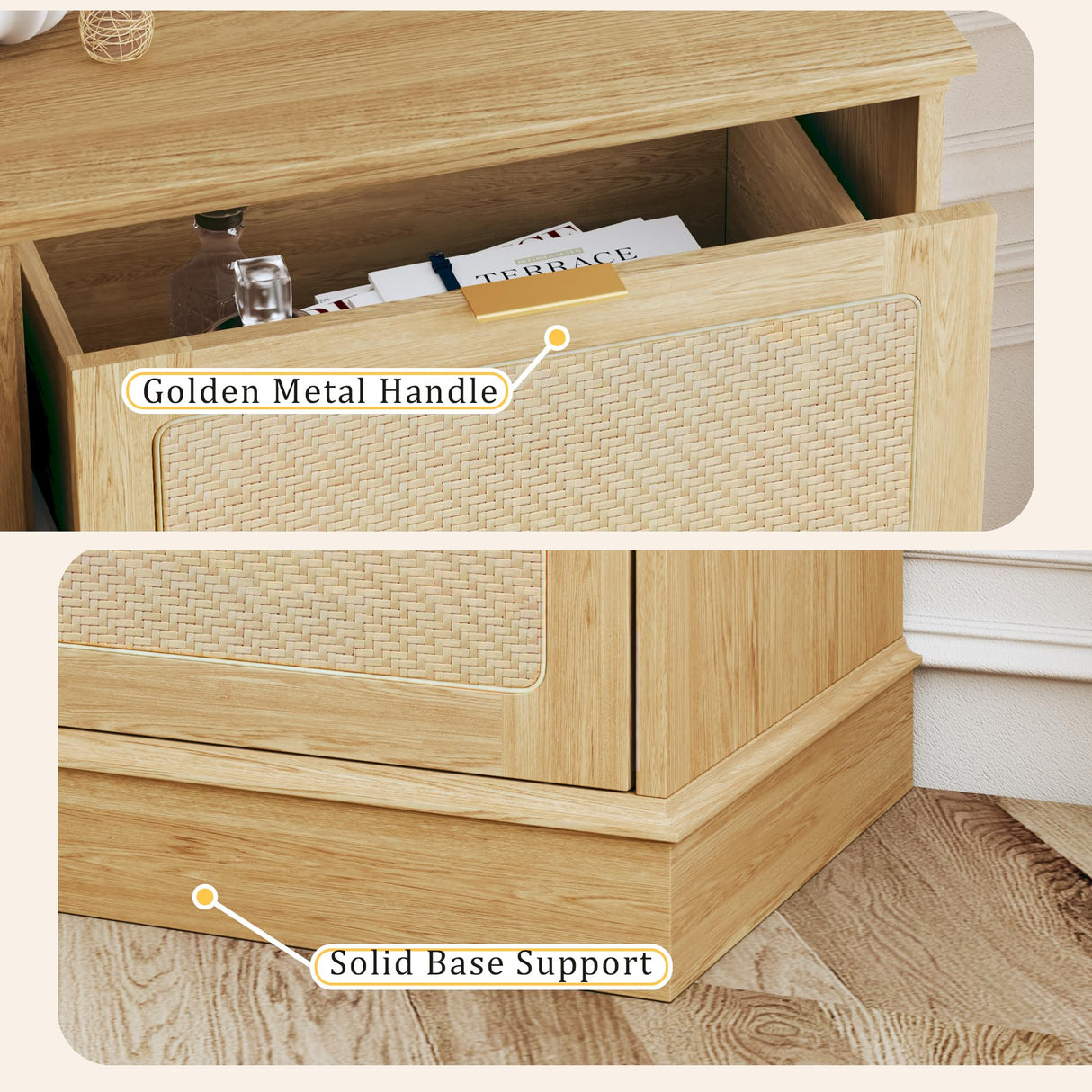 HUAHUU 9 Drawer Dresser for Bedroom, 60 Inch Long Dressers & Rattan Chest of Drawers, Large TV Stand for 55, 65, 70 Inch TV, Boho Style, Modern Dresser for, Living Room, Entryway, Bedroom, Natural Oak HUAHUU