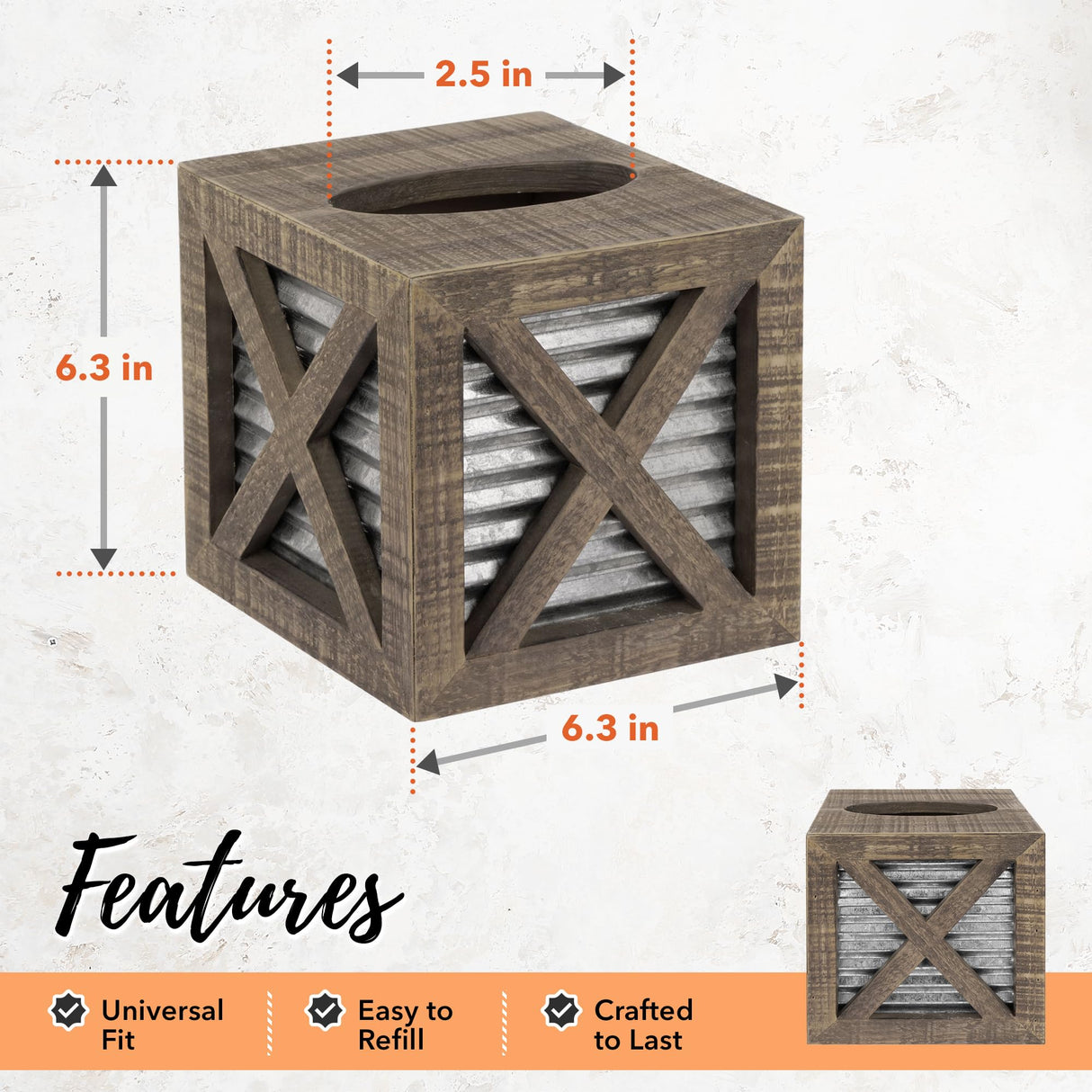 Autumn Alley Barn Door Rustic Square Farmhouse Tissue Box Cover, Farmhouse Bathroom Accessories, Rustic Bathroom Décor Tissue Holder, Wood Tissue Box Cover with Galvanized Decor Autumn Alley