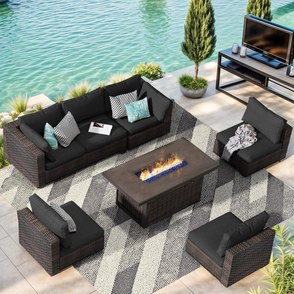 Grezone 7 Piece Patio Furniture Set with 44" Fire Pit Table, Outdoor Sectional Couch, PE Rattan Patio Conversation Sets with 4inch Cushions for Backyard Black (BK) Grezone