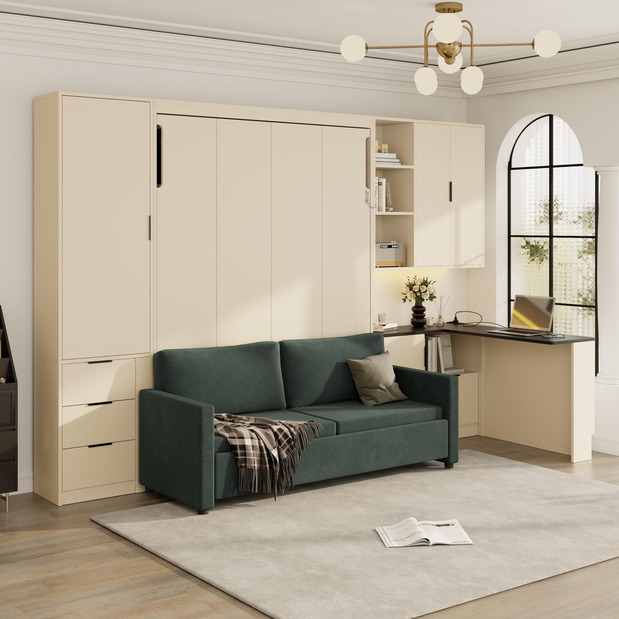 Merax Farmhouse Multi-Functional Murphy Bed with Sofa, Desk & Storage Cabinet,Solid Wood Foldable Wall Bed w/USB Charging Station Space Saving/No Box Spring Needed/Full, Beige + Green Merax