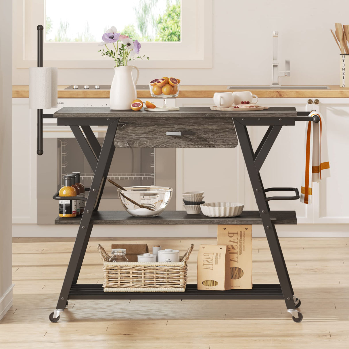 Bestier Grey Coffee Bar Station with Storage, Rolling Kitchen Cart and Towel Holder Bestier