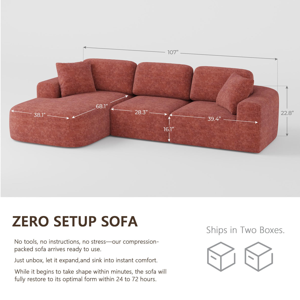 Dowinx 107'' Modular Sectional Sofa Couch with Chaise, No Assembly Required, Modern Woven-Textured Upholstery, Convertible L-Shaped Design for Living Room – Rust Brown Dowinx