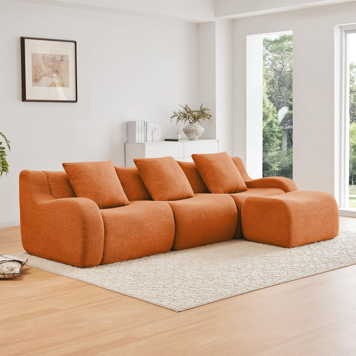 Aoiy & Wifon 115.3" Modular Sectional Sofa, 3-Seater Teddy Deep Seat Cloud Couch with 1 Movable Ottoman, Oversized Boneless Sectional Couch for Living Room, No Assembly Required, Orange Aoiy & Wifon