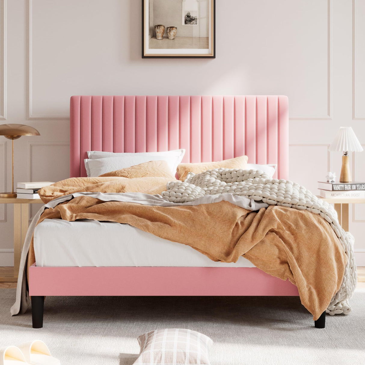 SHA CERLIN Full Upholstered Platform Bed Frame with Adjustable Headboard/Vertical Channel Tufted Velvet Fabric/Wooden Slats Support/Mattress Foundation/Box Spring Optional/Pink SHA CERLIN