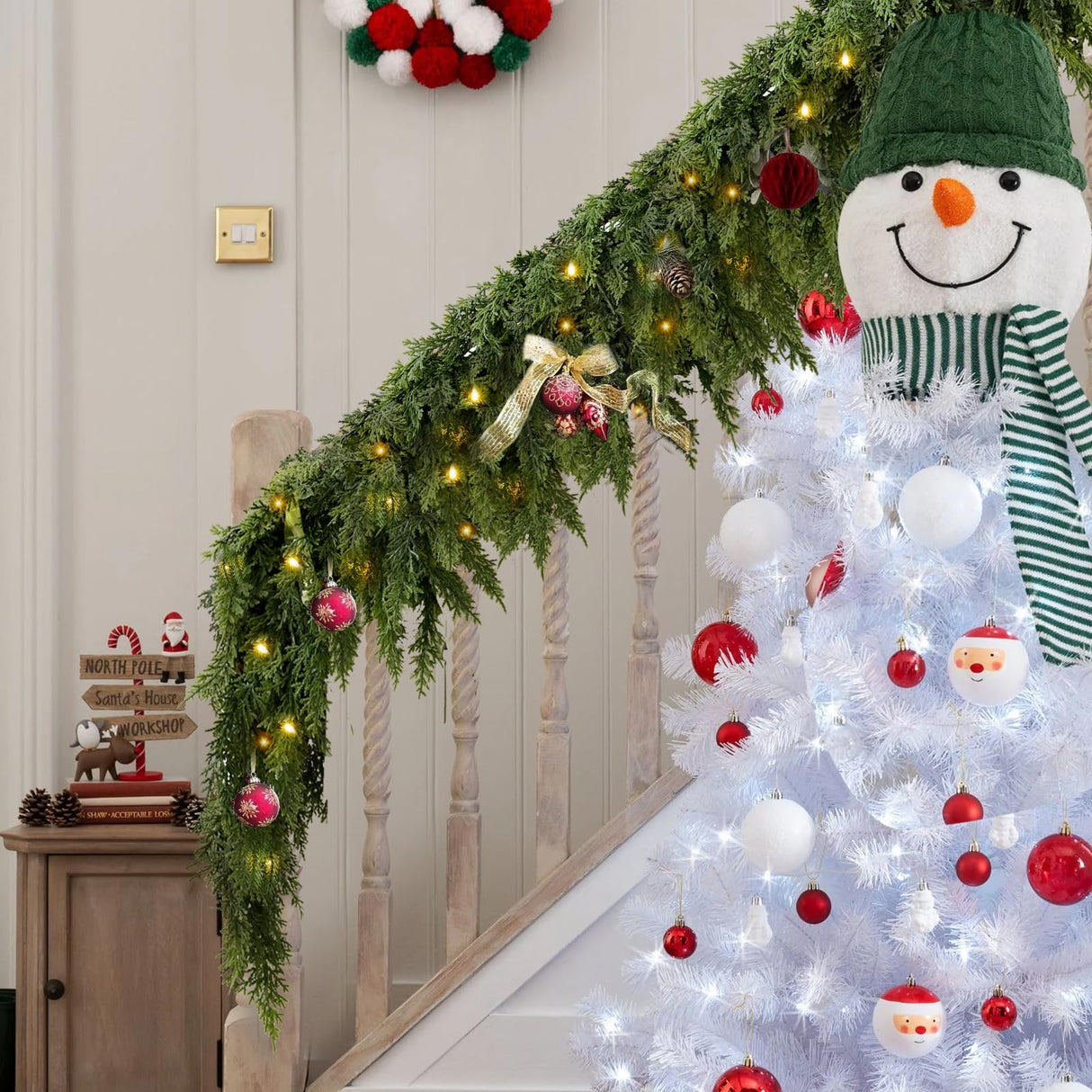 2PCS 9FT Pre-lit Christmas Cedar Garland with 100 Lights, Full 240 Pine Branches, Realistic Faux Garland Artificial Greenery for Fireplace Table Mantle Wall Indoor Outdoor Winter Holiday Decorations FAJUNZH