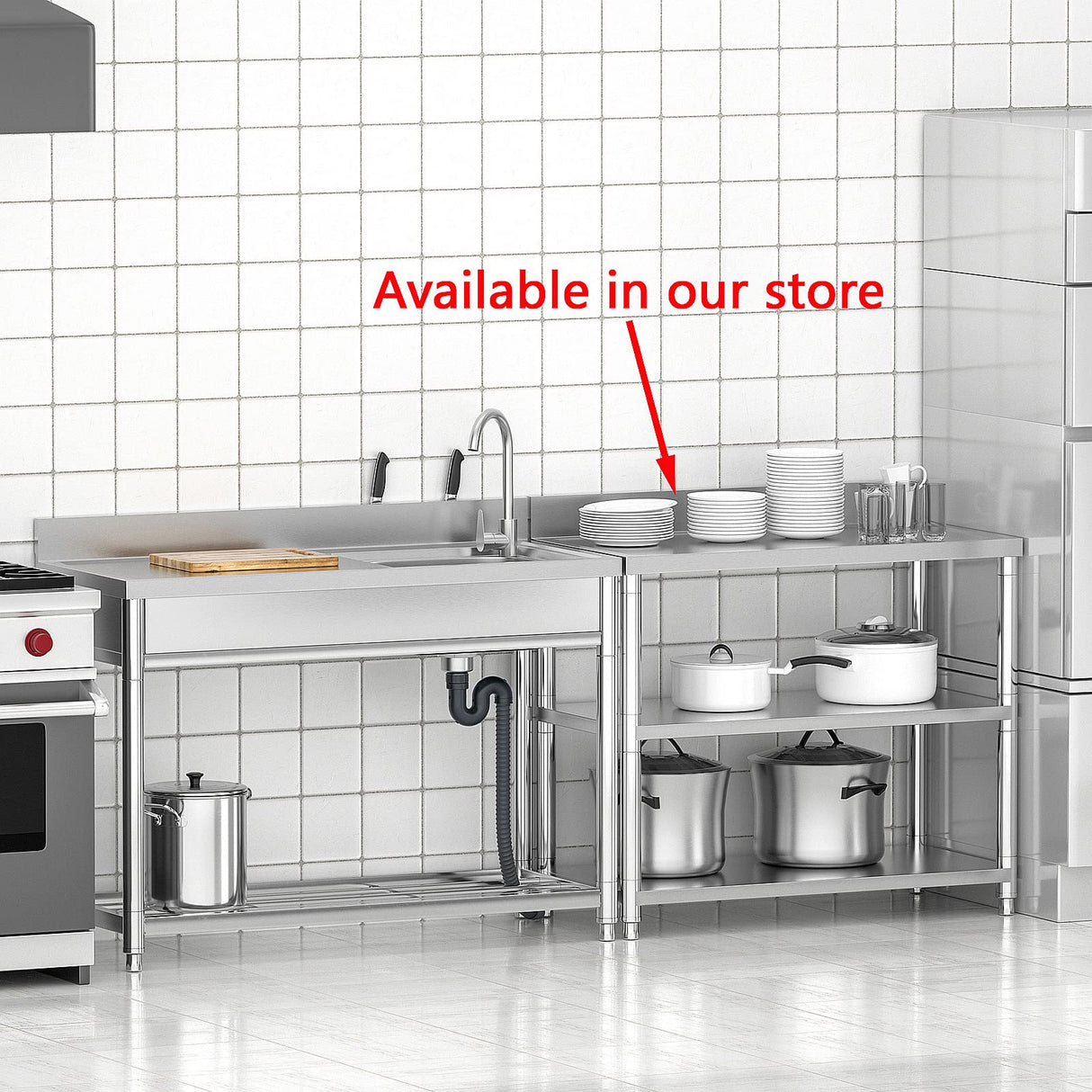 Free Standing Stainless-Steel Single Bowl, Commercial Restaurant Kitchen Sink Set w/Faucet & Drainboard, Prep & Utility Washing Hand Basin w/Workbench & Storage Shelves Indoor Outdoor (47in) KINGBO