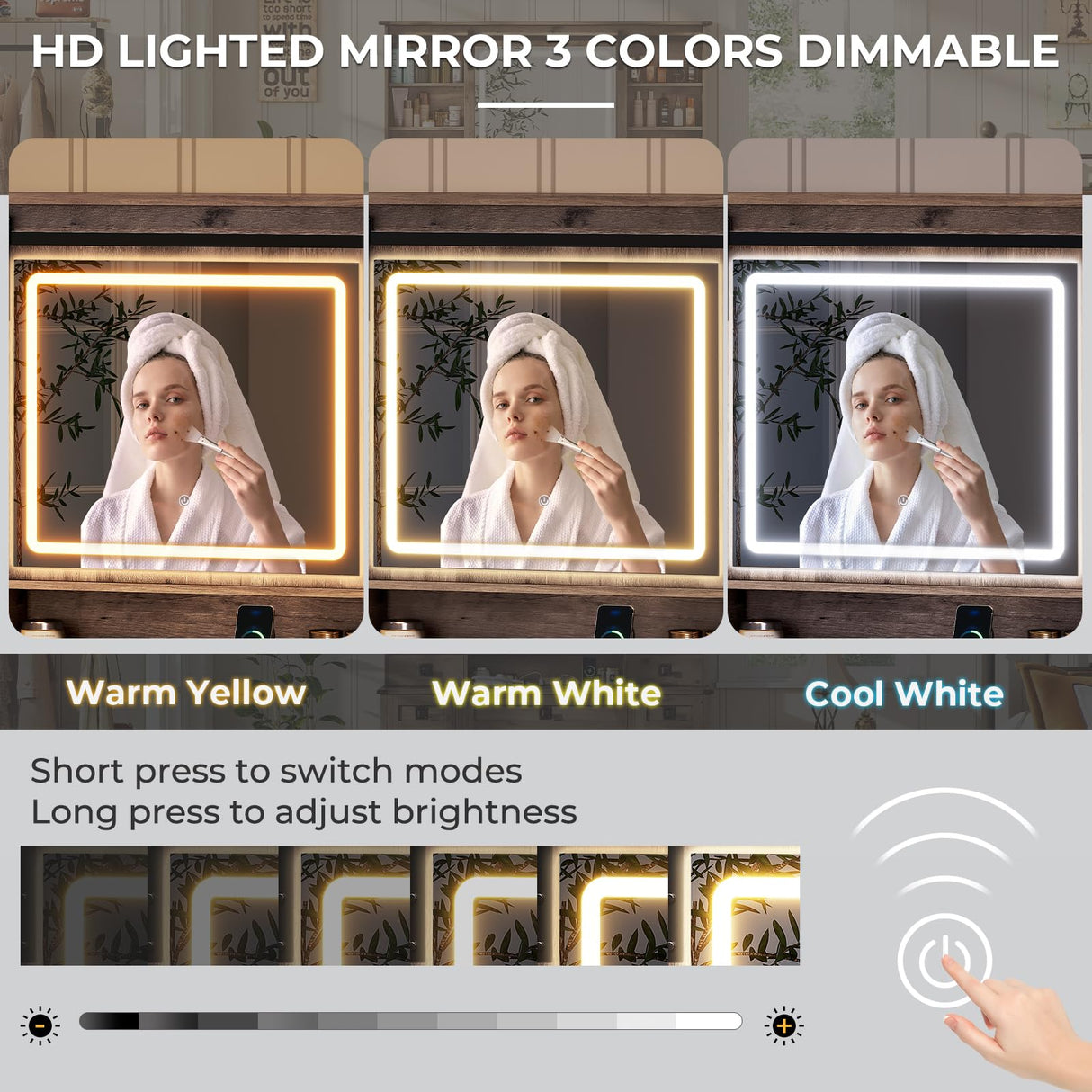 Makeup Vanity Desk with Lights, 47.2" Farmhouse Vanity Table with Sliding Mirror & Charging Station, Large Makeup Desk with 5 Drawers & 2 Cabinets, Rustic Oak MSmask