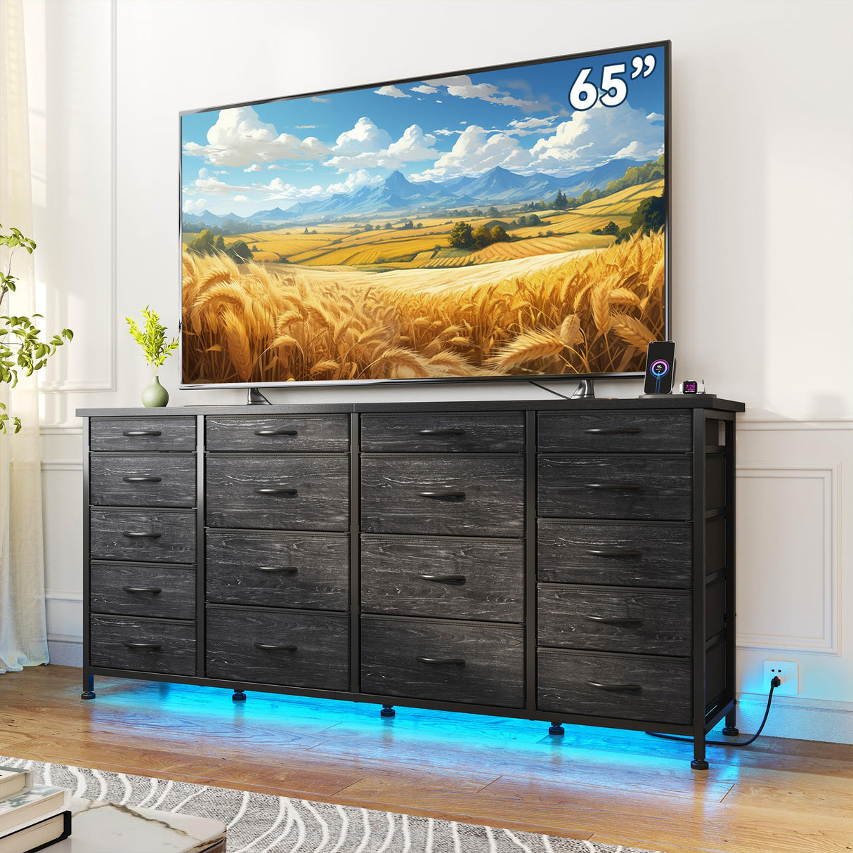 EnHomee 63" W 18 Drawers Dresser with LED Lights & Power Outlets Long Dresser for 65" TV Stand for Bedroom Large Fabric Dressers & Chests of Drawers for Bedroom, Sturdy Metal Frame (Charcoal Black) EnHomee