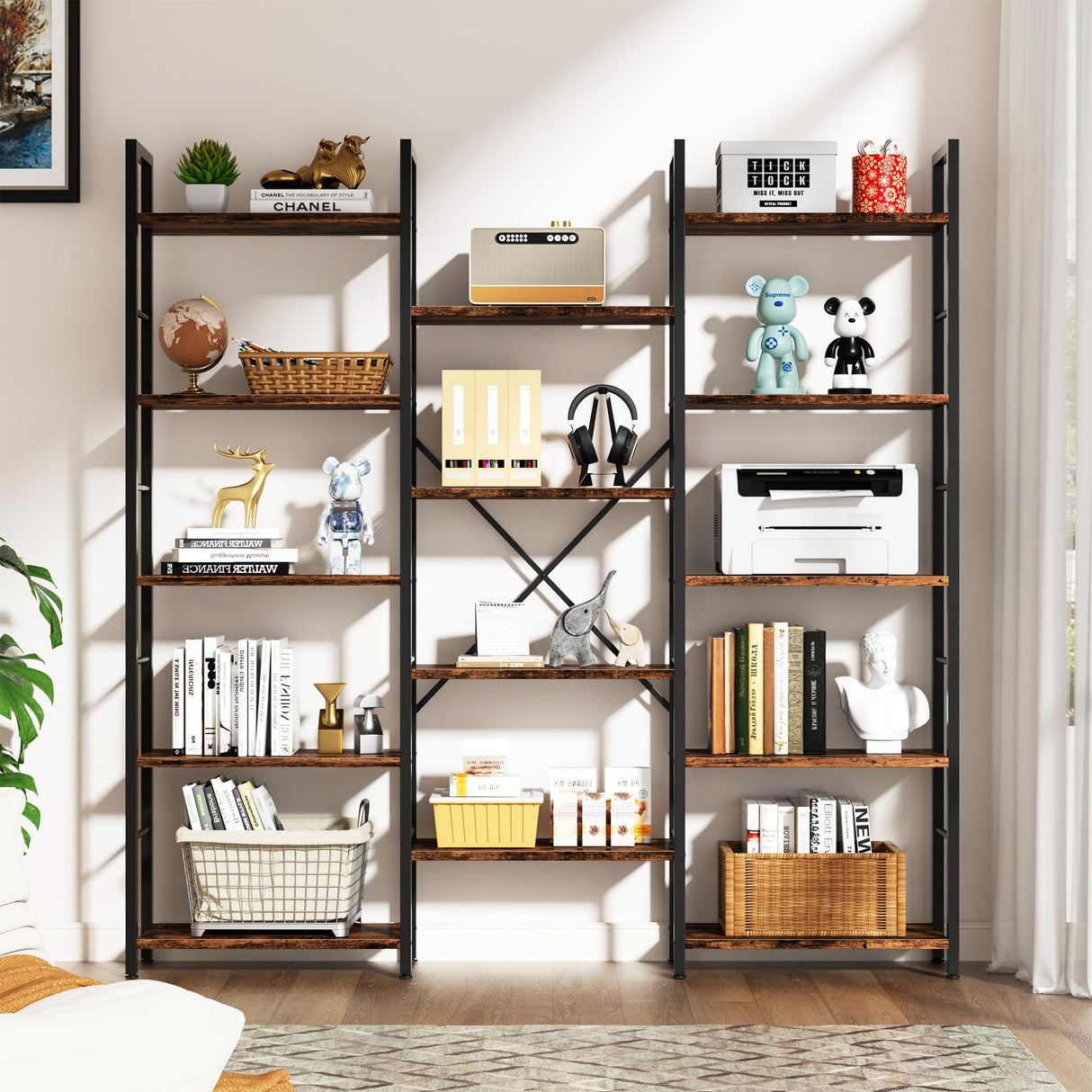 Meilocar Triple Wide 5 Tier Bookshelf, Book Shelf with 14 Open Display Shelves, Free Standing Bookcase with Adjustable Shelves for Home Office, Living Room, Bedroom, Rustic Brown Meilocar