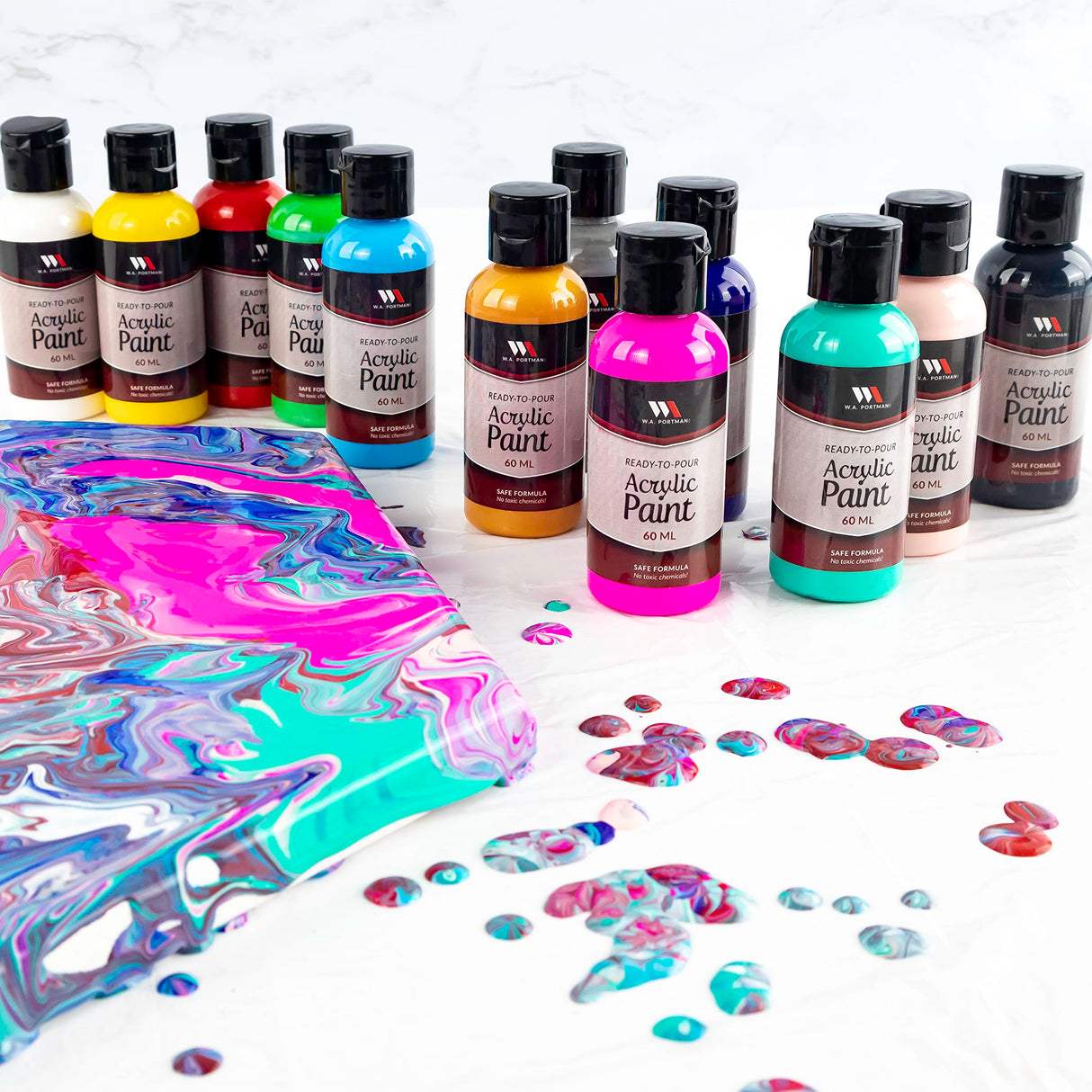 WA Portman 12-Pc Ready To Pour Acrylic Pouring Paint Supplies - 2oz/60ml Bottles of Acrylic Paint Sets for Adults and Kids for Canvas Painting W.A. Portman