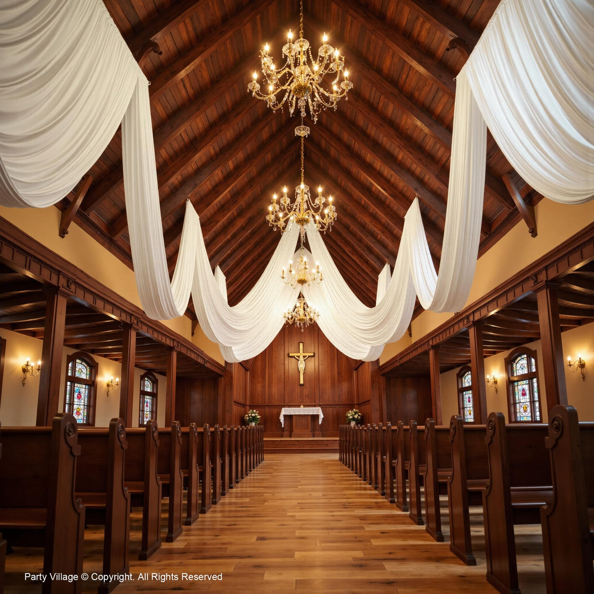 PartyVillage 10ftx40ft White Ceiling Curtain for Wedding Parties – 2 Panels Wrinkle-Free 40 FT Long Tent Draping Curtains for Wedding, Birthday & Theme Parties, 40ft Height with Rod Pocket Party Village