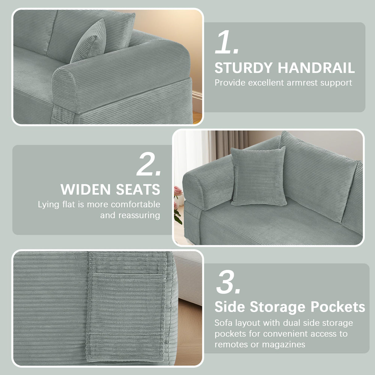 83" Modern Sofa in a Box, No Assembly Oversized 3 Seater 28" Deep Seat Cloud Sofa Bed Couch with 4 Furry Pillows & Corduroy Fabric, Boneless Couch with Side Storage Pockets for Living Room, Light grey Zyerch