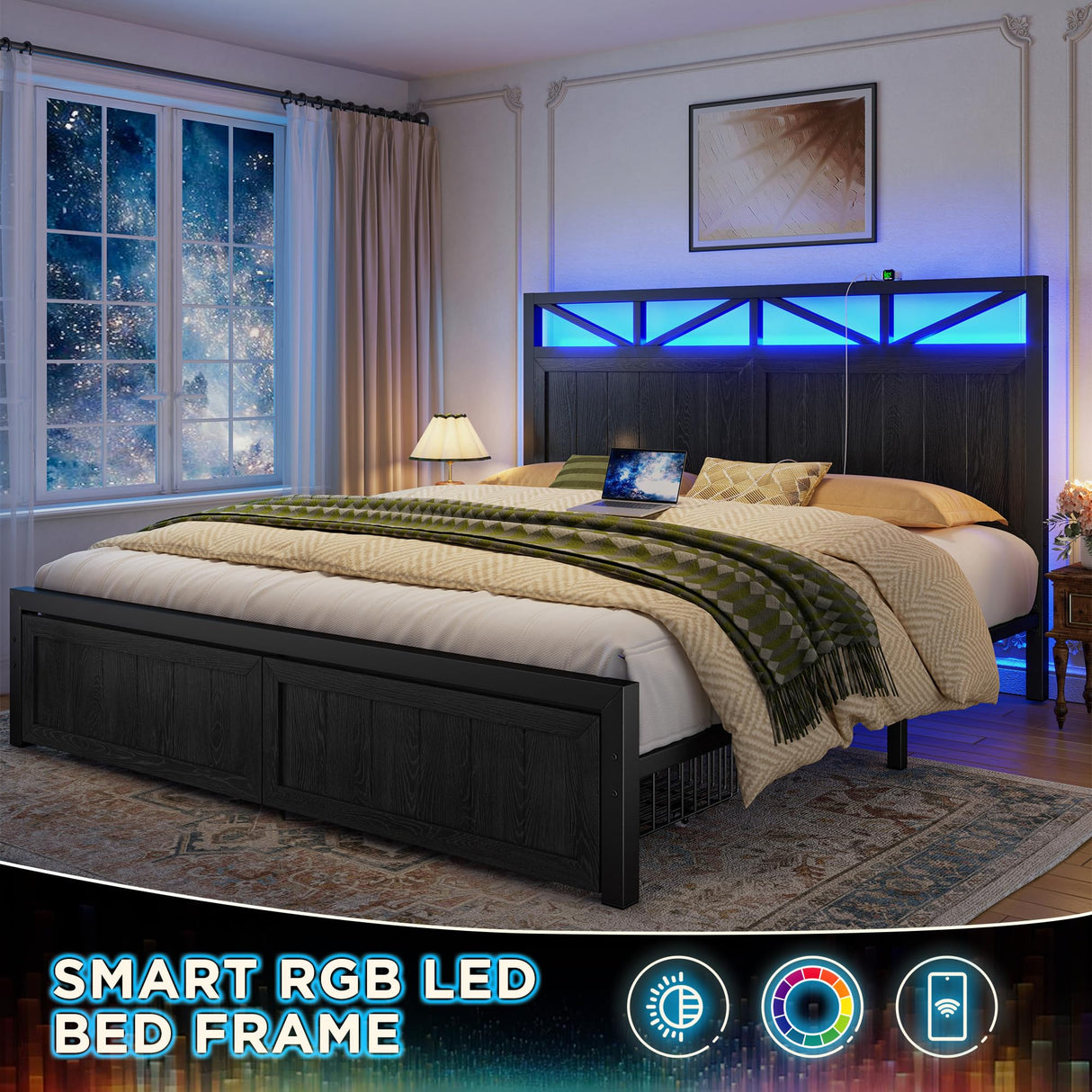 Homkdom Farmhouse Full Size Bed Frame with 2 Storage and LED Lights, Full Bed Frame with Headboard Built in Charging Station,Easy Assembly, No Box Spring Needed, Black Homkdom