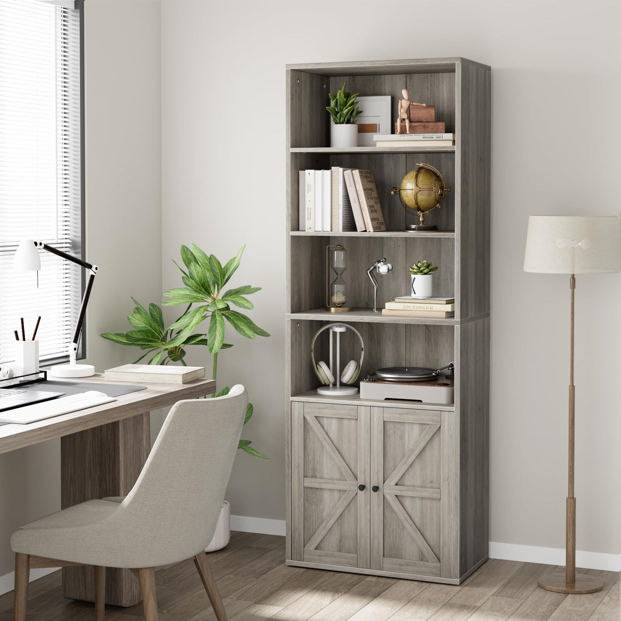 CABIHOME Farmhouse Bookcase with Doors 71.4in Tall Bookshelf 11.8in Depth Display Storage Shelves Industrial Bookcases Wooden 6 Shelf Bookshelves for Bedroom, Living Room, Home Office CABIHOME