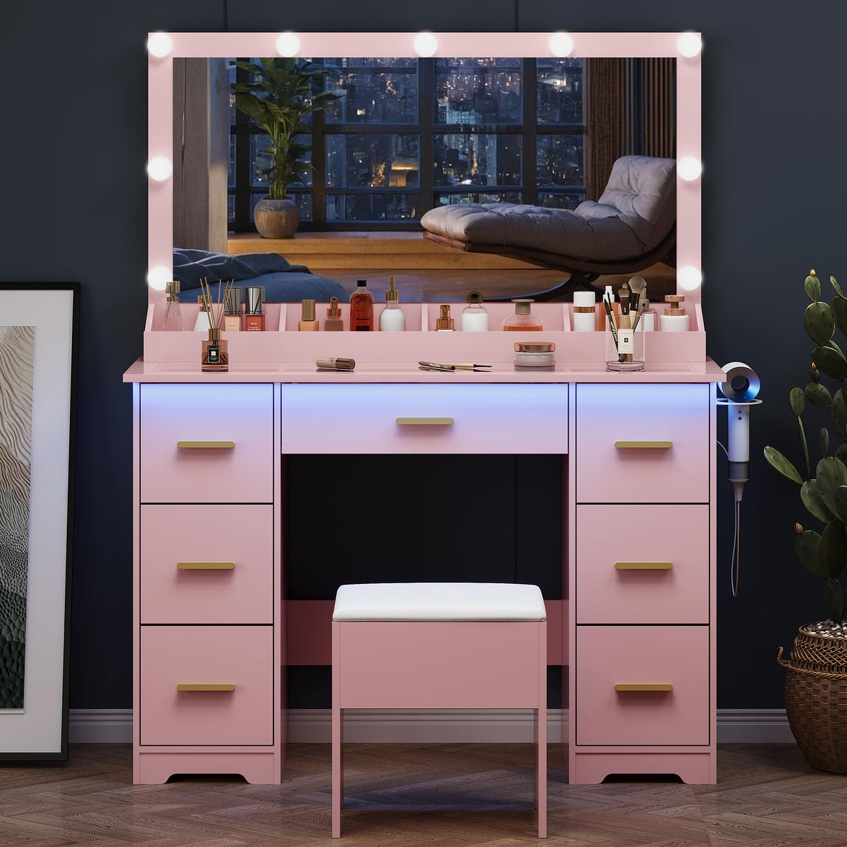 METOTI Vanity Desk with 38" Large Mirror and 9 LED Lights & Glass Top and Power Outlet, Adults Makeup Vanity with Chair and 7 Storage Drawers, Dressing Table Set for Bedroom, Modern Pink METOTI