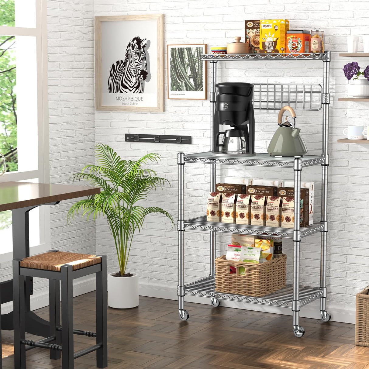 Leteuke Bakers Rack for Kitchen with Storage, NSF Certified 4-Tier Adjustable Coffee Bar with Wheels 10 S-Hooks Microwave Stand Kitchen Storage Shelf Metal Storage Rack 30 x 14 x 59 Inches, Chrome Leteuke