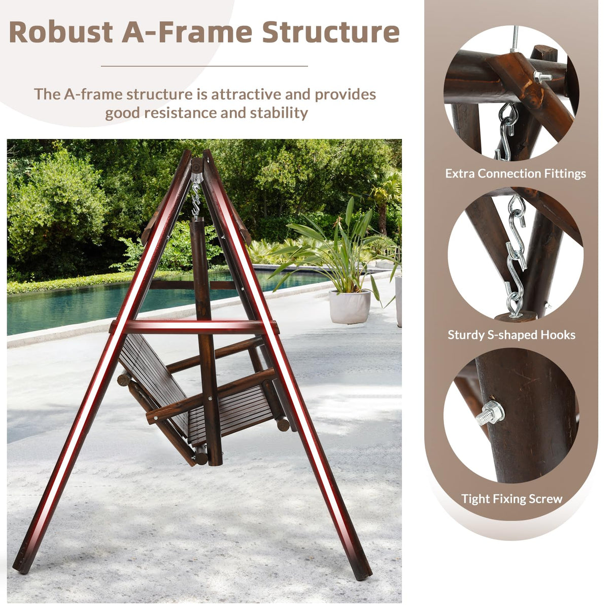 EPICOZY 2-Seat Porch Swing, Wooden Log Patio Swing Chair Bench with Stand, Rustic Hardwood Swing Chair with Curved Back, Wood Seating Porch Swings for Outside Yard, Garden, Deck, Poolside, Carbonized EPICOZY