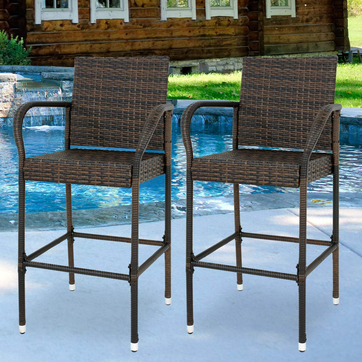 ZENY Set of 2 Wicker Barstool All Weather Dining Chairs Outdoor Patio Furniture Wicker Chairs Bar Stool with Armrest ZENY