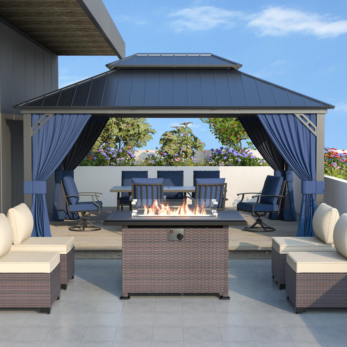 12' x 16' Hardtop Gazebo,Outdoor Galvanized Steel Metal Double Roof Gazebo with Curtains and Netting for Patios, Gardens, Lawns,Navy Blue Kullavik