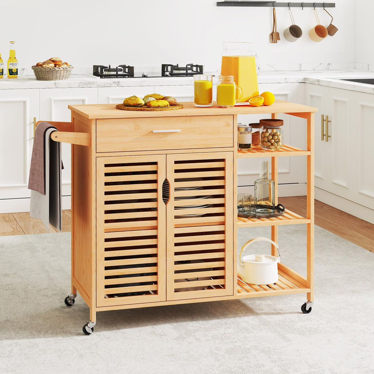 Moccha Rolling Kitchen Island Cart - Bamboo Kitchen Carts on Wheels with Storage Cabinet, Large Drawer, 3-Tier Open Shelf, Towel Rack, Sideboard, Mobile Kitchen Table for Dining Room Living Room Bar LDAILY