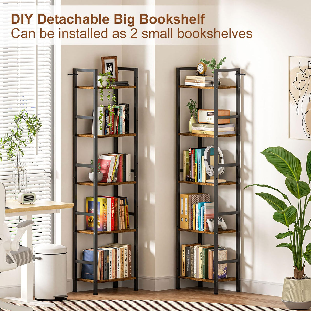 Cutogxon Triple 5 Tier Bookshelf, Large Bookcase Industrial Bookshelf with 19 Open Display Shelf, Wooden Wide Tall Tree Bookshelf for Living Room Home Office, Rustic Brown Cutogxon