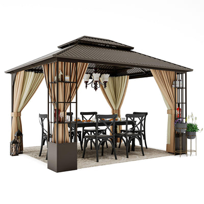 HAPPATIO 10' x 12' Hardtop Gazebo, Outdoor Gazebo with Netting and Curtains, Double Roof Permanent Patio Metal Gazebo Canopy with Storage Shelf for Patio, Deck, Backyard (Brown)