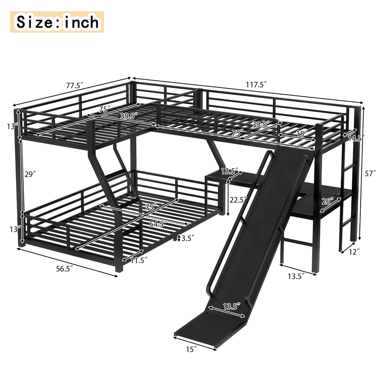 Quarte L-Shaped Twin Over Full Bunk Bed with Twin Size Loft Bed, Metal Triple Bunk Bed with Slide and USB Ports, Space-Saving,Designed for Kids Boys Girls Quarte