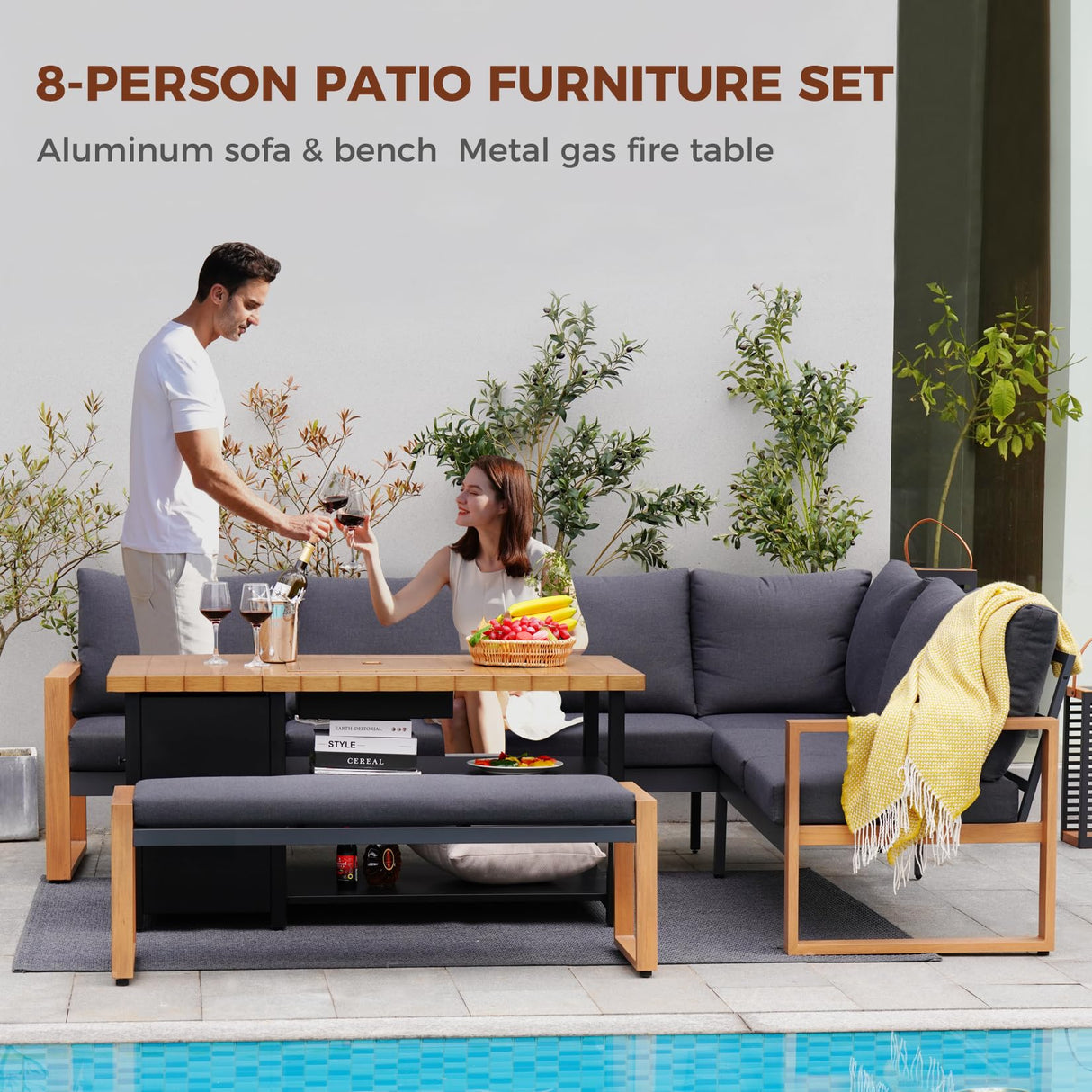 Grand patio 4-Piece Outdoor Furniture Set with Gas Fire Pit Table, Aluminum Patio Sofa Set for 8 with Faux Wood Grain Finish, Modern Patio Couch Sofa with Outdoor Bench and Chaise for Backyard Grand patio